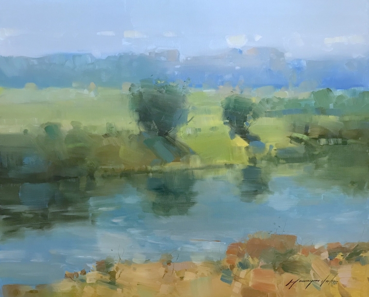 Summer Lake Original oil Painting, Handmade artwork, One of a Kind                            
